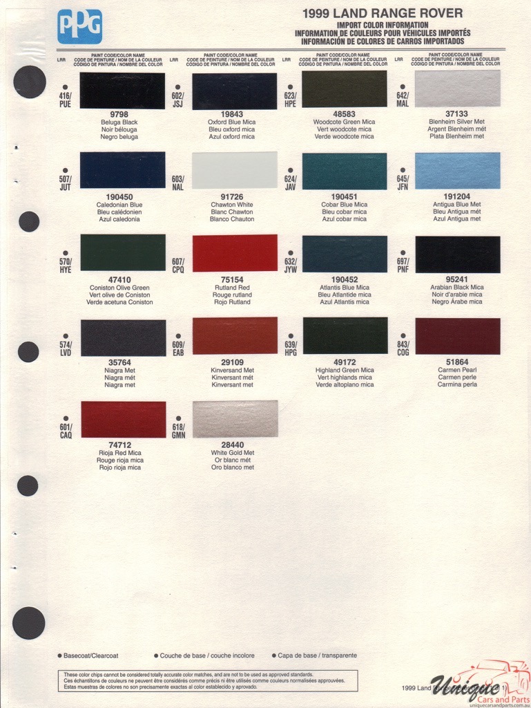 1999 Land-Rover Paint Charts PPG 1